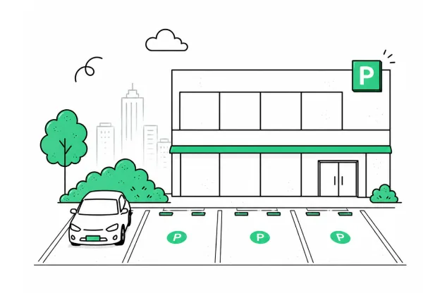 A commercial parking lot with a car pulling in