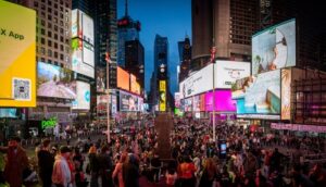 Crowds in Times Square at night with bright digital billboards