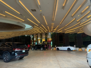 Luxury valet area with upscale vehicles and modern architectural lighting at a high-end residential or hotel entrance.