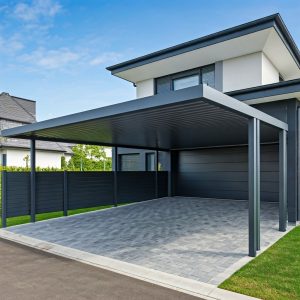 Modern covered driveway with clean brick paving and no car, perfect for parking.