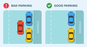 Illustration showing bad double parking versus good parallel parking beside a sidewalk.